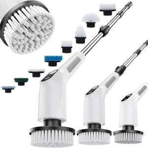 Cordless Electric Spin Scrubber Waterproof Cleaning Brush 8 Heads Long Handle